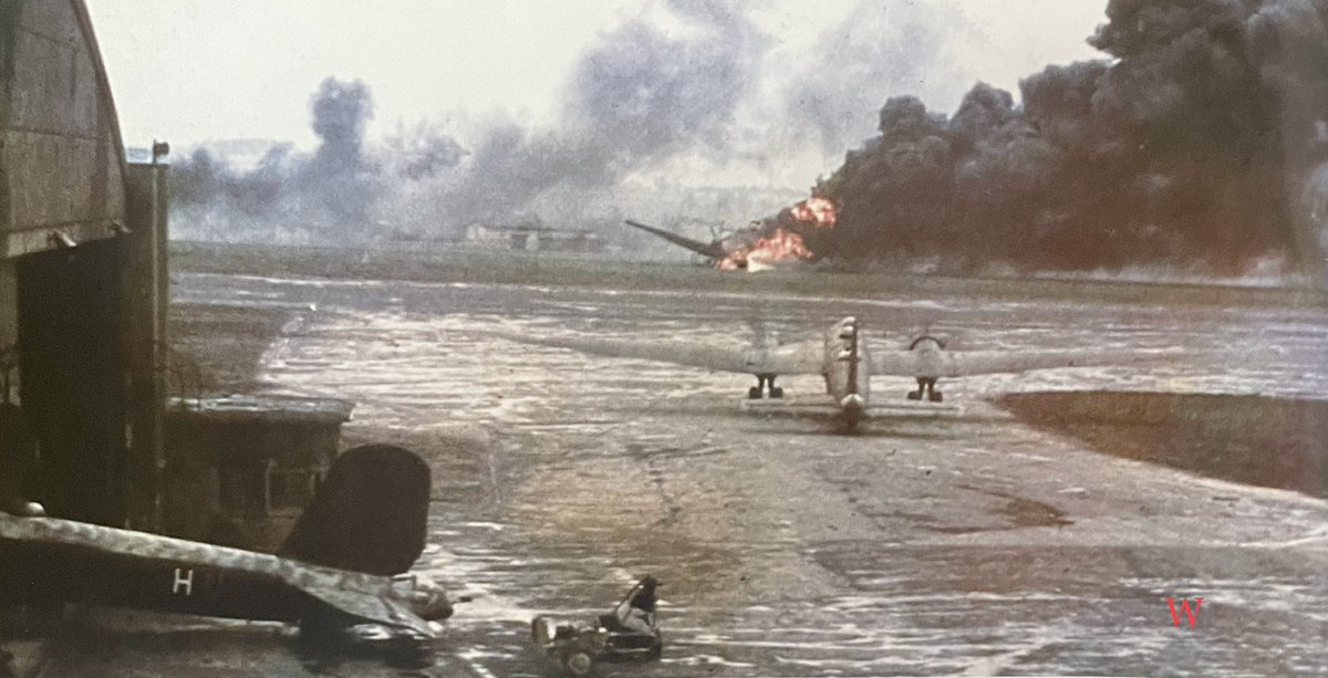 TheWorldatWar2's tweet photo. A German He177A-3 tries desperately to get off the ground and away from the destruction after an airfield at Schwäbisch-Hall, north east of Stuttgart is hit by allied bombers - 25th April 1944 #ww2 #worldwar2 #stuttgart #luftwaffe #he177 #airfield https://t.co/TznksVFei4