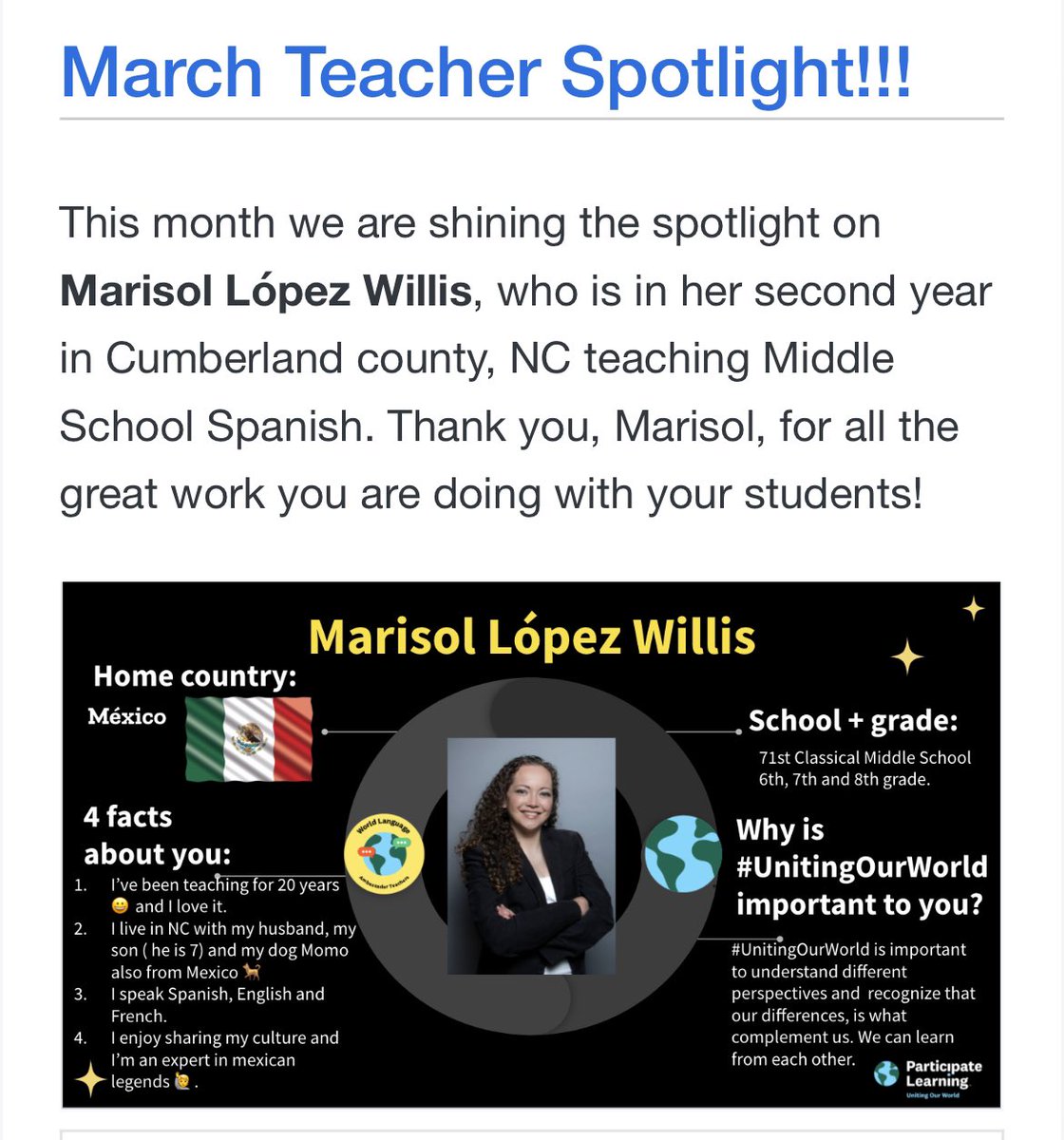 sollwillis's tweet photo. Thank you @ParticipateLrng , @CumberlandCoSch and @71stCMS for everything you do for us!!! So happy to be a part of the team!! #UnitingOurWold #MarchTeacherSpotlight #WorldLanguageTeam #Proud #lovemyjob https://t.co/gLypiOUzXv