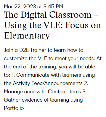 📢Calling all elementary #OntEd!  Join 
<a href="/D2L/">D2L</a>
 today for an amazing webinar about using the VLE in elementary!  Register here rb.gy/1zhkpm to learn #WhyTheVLE
