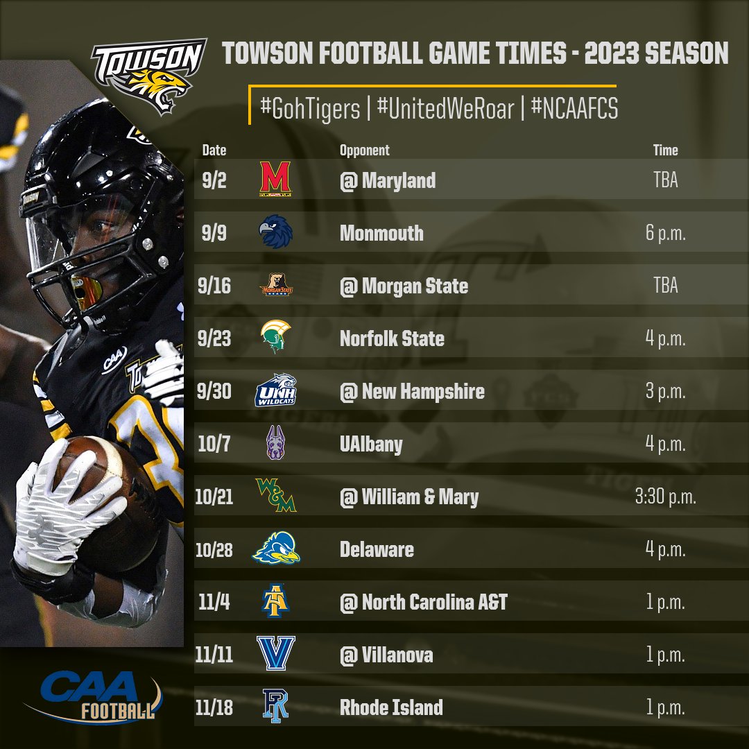Towson Football (@Towson_FB) on Twitter photo 2023-03-22 18:08:56 The 2023 game times for home and CAA contests have been announced! π°- towsontigers.com/news/2023/3/22β¦ #GohTigers | #UnitedWeRoar | #NCAAFCS The 2023 game times for home and CAA contests have been announced! π°- towsontigers.com/news/2023/3/22β¦ #GohTigers | #UnitedWeRoar | #NCAAFCS