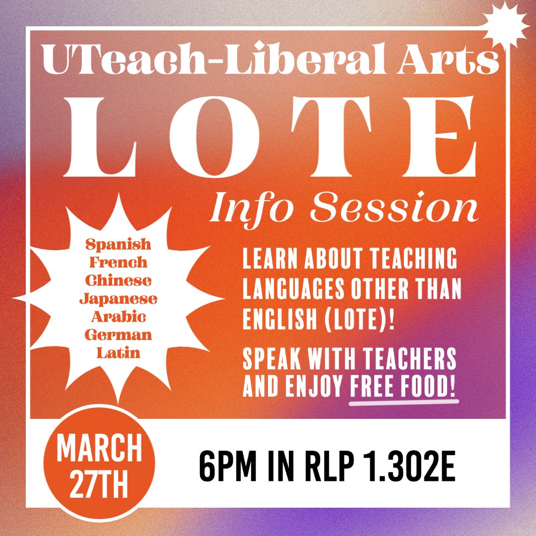 Curious about teaching a foreign language? Come hear from current teachers! Join UTeach-Liberal Arts LOTE (Languages Other Than English) and @UT_Hemispheres for an open house and information session on Monday! Info: bit.ly/3neMFIA