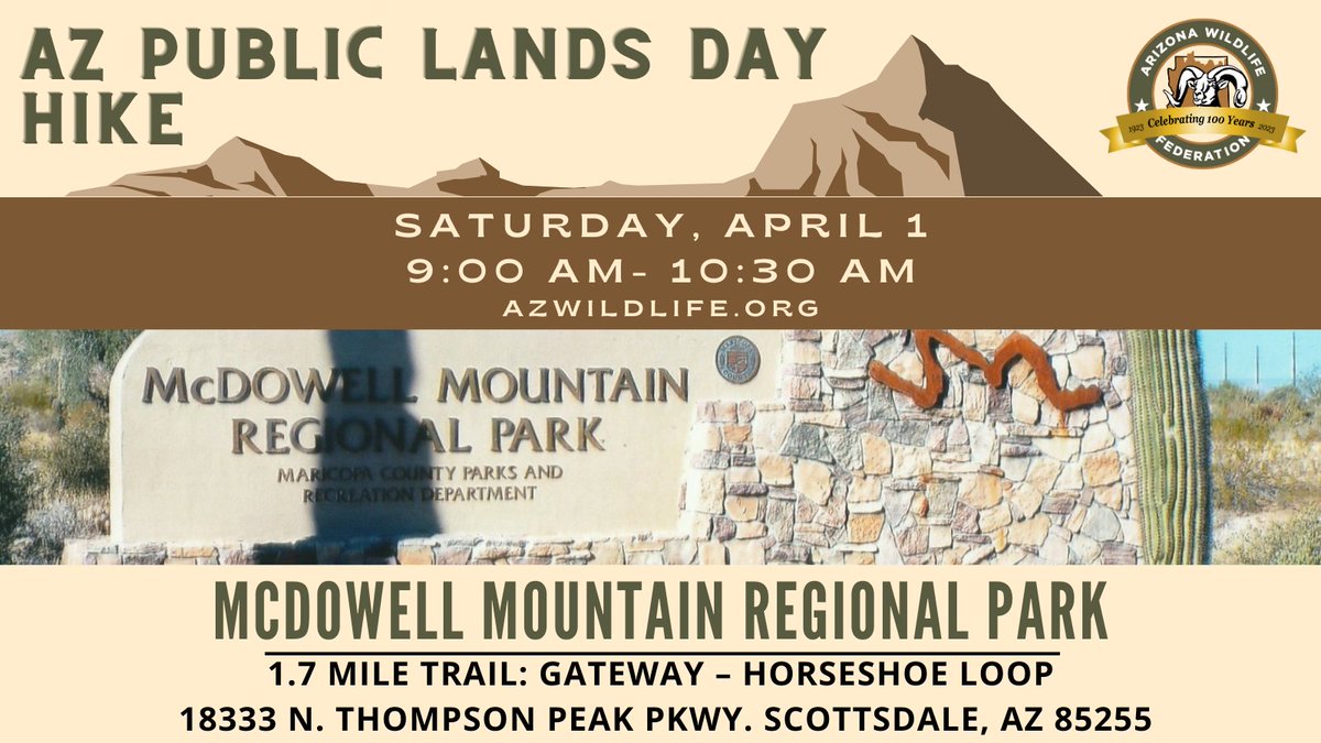 AZWildlifeFed's tweet image. Do you know about AZ Public Lands Day? This day is celebrated on the first Saturday of April every year.

To celebrate, we are hosting a hike on April 1st at McDowell Mountain Regional Park. 

Come join us from 9 am to 10:30 am! More info here📲 azwildlife.org/event-5218826