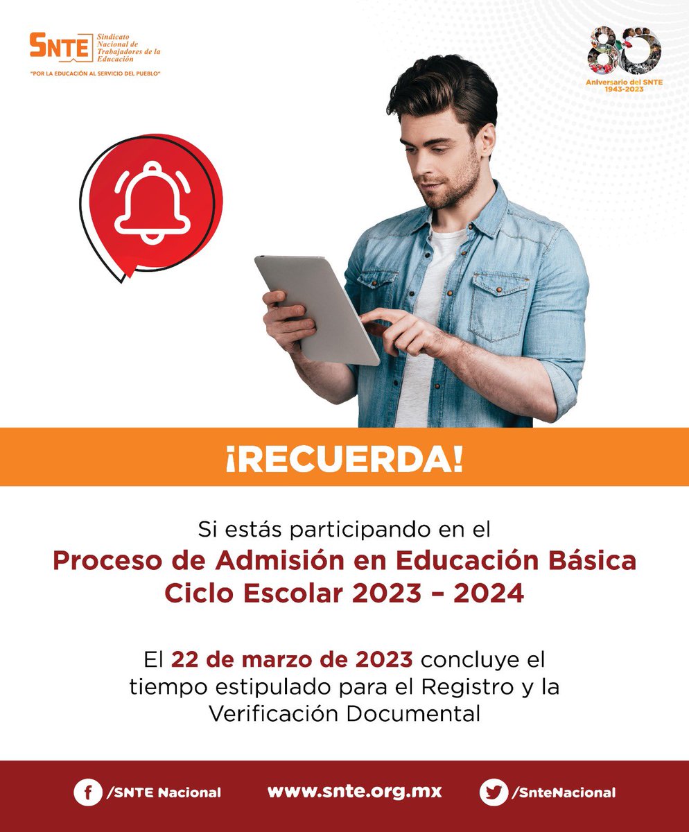 ‼️AVISO #URGENTE‼️

Compañer@ agremiado #SNTE 📚 si eres partícipe en el Proceso de Admisión en Educación Básica 2023-2024🗓️ recuerda que hoy miércoles #22deMarzo vence el plazo estipulado para 𝗿𝗲𝗴𝗶𝘀𝘁𝗿𝗼 y 𝘃𝗲𝗿𝗶𝗳𝗶𝗰𝗮𝗰𝗶ó𝗻 𝗱𝗼𝗰𝘂𝗺𝗲𝗻𝘁𝗮𝗹.
‼️Que no se te pase‼️