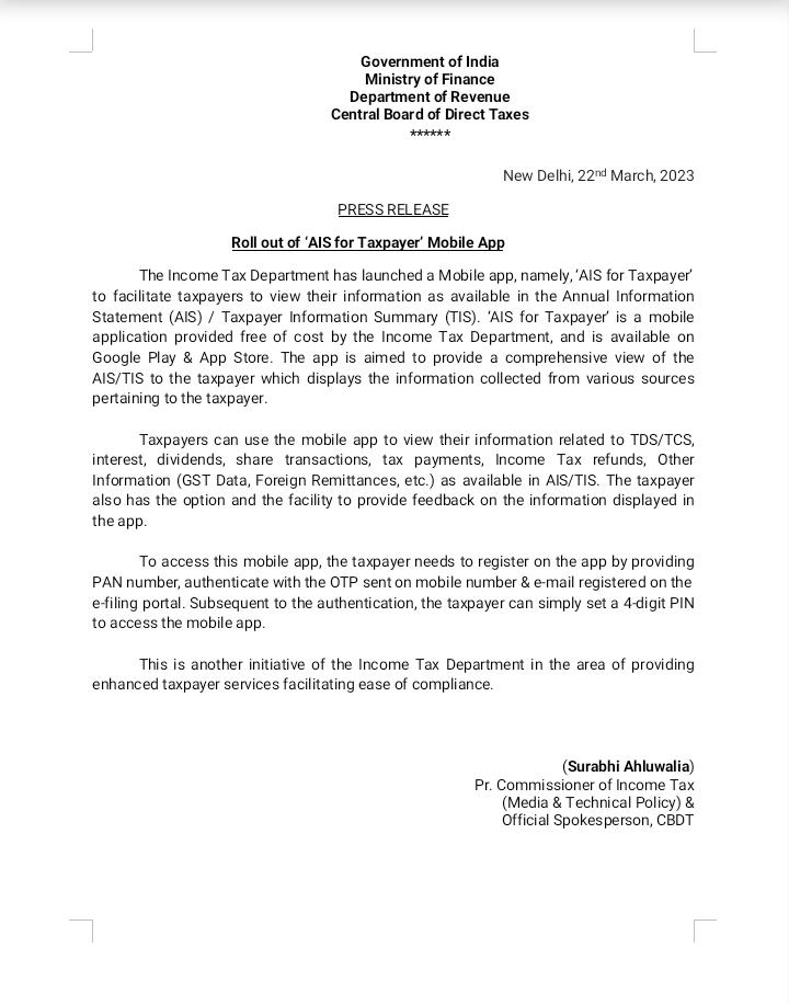 IncomeTaxIndia's tweet photo. ITD has launched a mobile app ‘AIS for Taxpayers’ to enable taxpayers to view their info as available in Annual Information Statement(AIS)/Tax Information Summary(TIS).
This will provide enhanced taxpayer service &amp; ease of compliance.(1/2)

Press Release:
https://t.co/WujCqyYQSe https://t.co/Q6VaC2L2S2