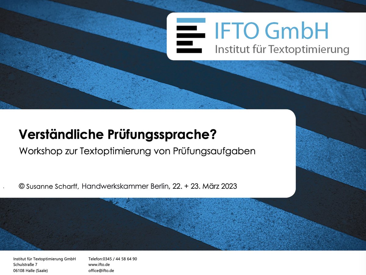 textoptimiert's tweet image. &quot;Verständliche Prüfungssprache? Workshop zur Textoptimierung von Prüfungsaufgaben&quot;

Unsere Dozentin f. #Textoptimierung u. Trainerin f. #EinfacheSprache Susanne Scharff wird am 22. und 23.03.2023 je eine TOP-Schulung in Berlin durchführen. Alle Termine: ifto.de.