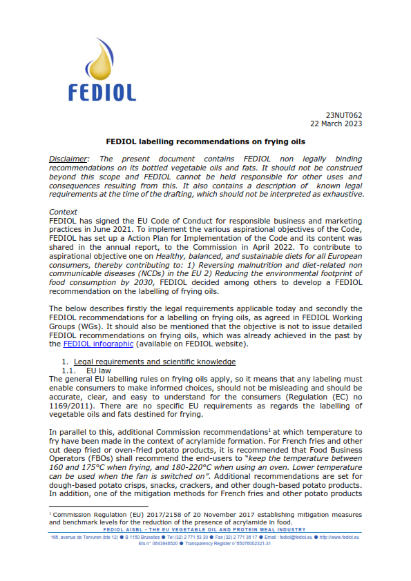 FEDIOL_EU's tweet photo. We release today the labelling recommendations on frying oils  👉 https://t.co/fZnL2efsZU

This document is part of FEDIOL contribution to the  #EUCodeOfConduct aspirational objective 1⃣ on "Healthy, balanced, and sustainable diets for all European consumers" 

#EUFarm2Fork https://t.co/p9ox2IYkFR
