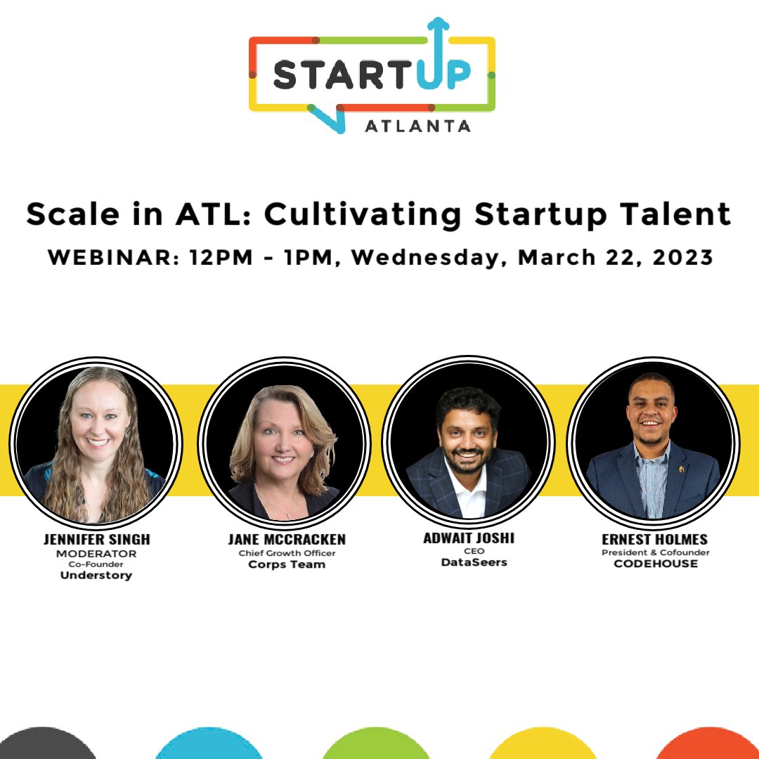 StartupAtlanta's tweet photo. Join us TODAY 3/22 at 12PM as we discuss the state of startup talent in Atlanta and the local resources that you can tap into to scale your organization.
@Jen_E_Singh, @dataseers, @ErnestHolmes13,
@codehouseorg
#atlstartups #startupatlanta #atlantastartup #entrepreneur https://t.co/7sgHmlGwHZ