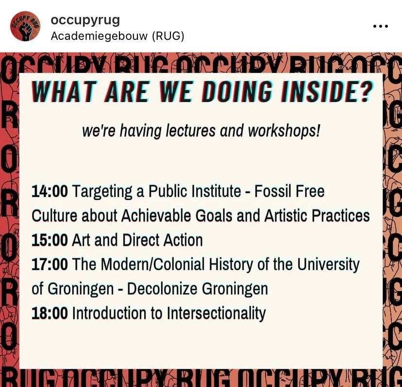 demacagro's tweet photo. In een democratische universiteit wordt het curriculum bepaald door de belangen van ons allen. Niet door degenen met fossiel kapitaal, macht en invloed. Deze bezetting van het academiegebouw is een demonstratie van wat mogelijk is. https://t.co/xn7NHRRZNO
