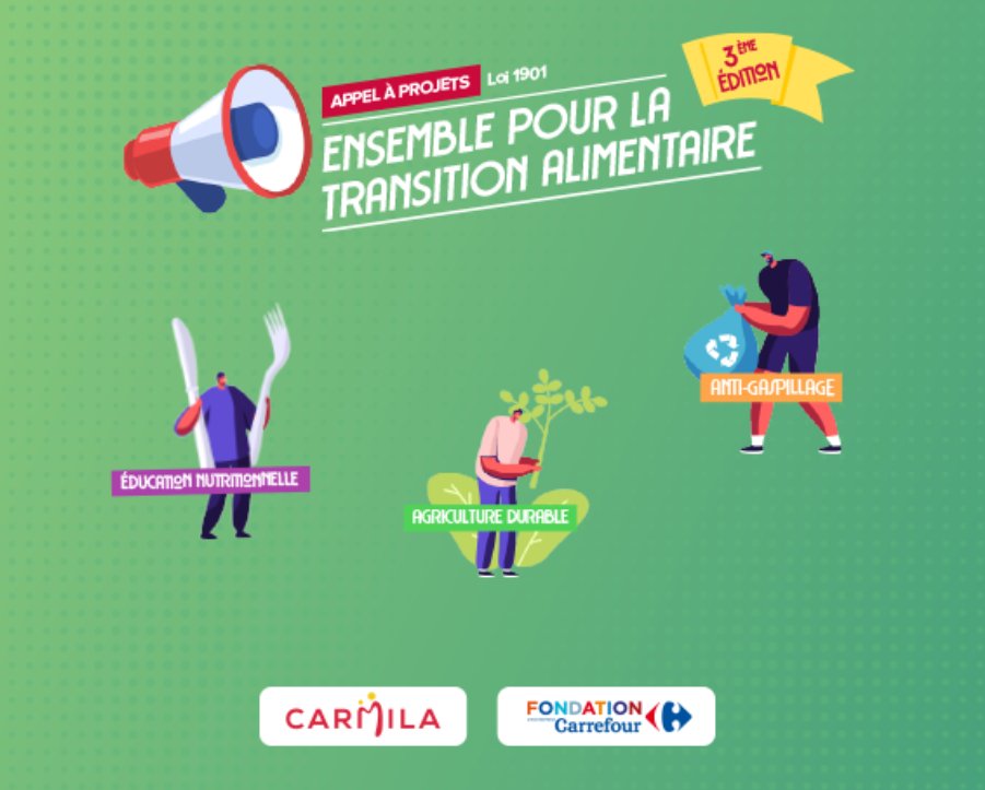 |Veille| 📢Nouvel #appelAprojets de la <a href="/Fonda_Carrefour/">Fondation Carrefour</a>  en partenariat avec <a href="/CarmilaFrance/">Carmila</a> 
🌱 Dédié à l’alimentation durable 
🏆10 000€ par lauréat et une opération de visibilité à la clé ! 
📩 Candidatez d'ici le 6 avril 2023 ! 
➕D'infos : bit.ly/3n6X1tP
#mécénat