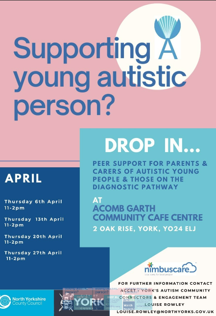 healthwatchyork's tweet image. This Thursday’s parent/carer drop-in at the Acomb Garth Centre,  (March 23rd) 11-2pm will be co-hosted with York SENDIASS.
For those who are not able to make in person sessions, they offer a virtual opportunity of peer support  – please find flyers attached with information.