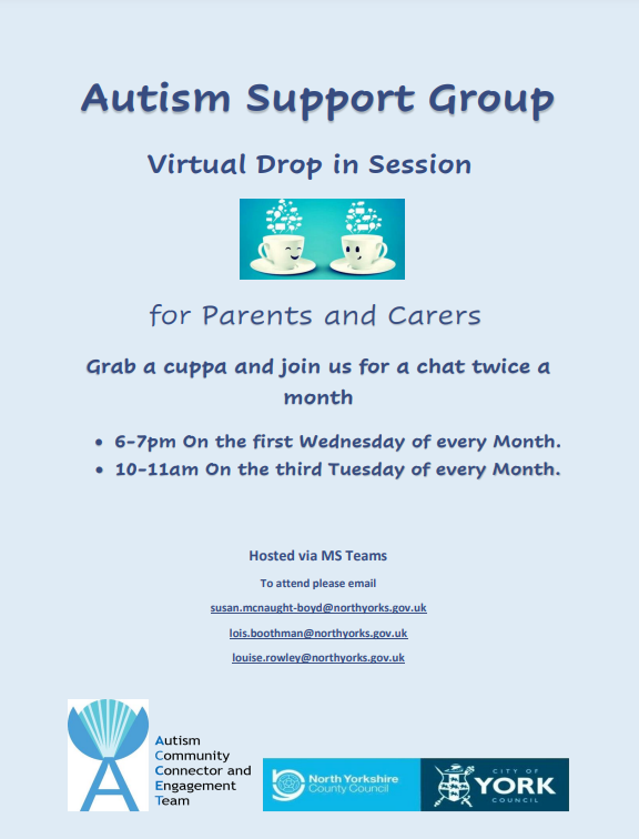 healthwatchyork's tweet image. This Thursday’s parent/carer drop-in at the Acomb Garth Centre,  (March 23rd) 11-2pm will be co-hosted with York SENDIASS.
For those who are not able to make in person sessions, they offer a virtual opportunity of peer support  – please find flyers attached with information.