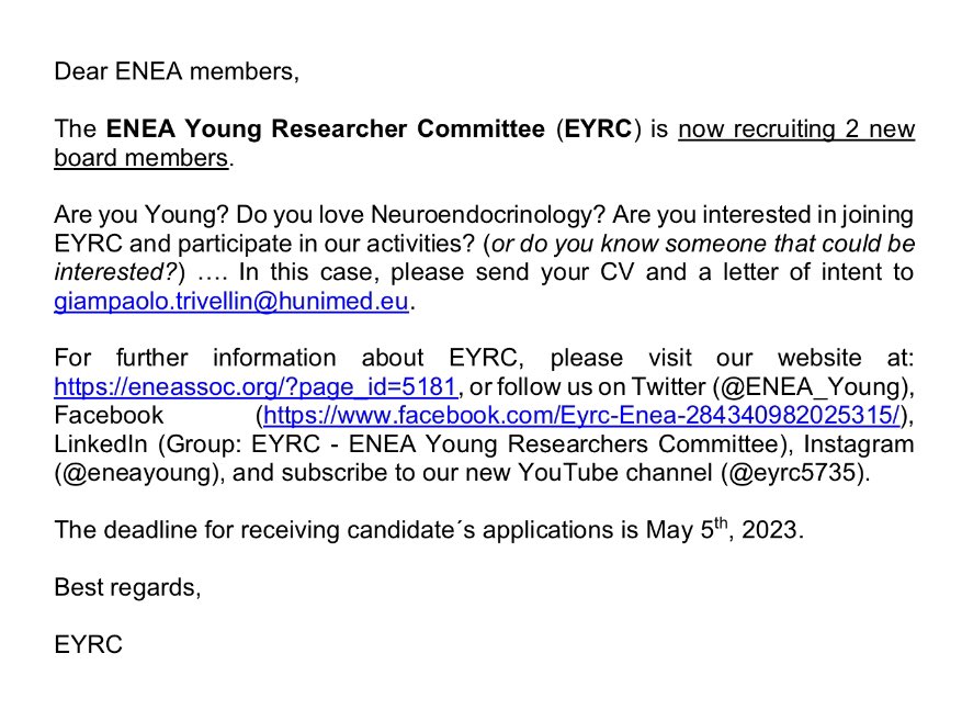 ENEA_Young's tweet image. 🚨🚨🚨 are you a young #neuroendocrinologist? Would you like to join our committee?
Then now it’s the right time to apply!
We have 2 open positions at EYRC to fill.
If interested, please send your CV and LOI to giampaolo.trivellin@hunimed.eu
Deadline: May 5
@GP_R101 @ENEAssoc