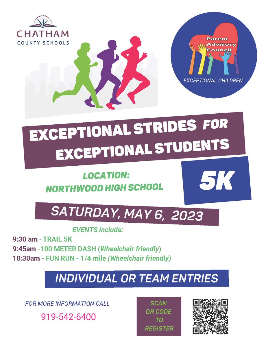 ChathamCoSch's tweet photo. Dust off those sneakers and join us for the Exceptional Strides for Exceptional Students 5K on Saturday, May 6th! 👟 #OneChatham https://t.co/Q68NRsOBsU