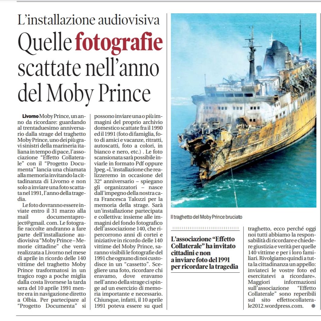 🚧 Mentre lavoriamo all'installazione "Moby Prince - Memorie cittadine" continuate ad inviarci le vostre foto del 1990-1991!
📮 Potete inviarle a documentaproject@gmail.com
👀 Per saperne di più leggete l'articolo pubblicato oggi sul Tirreno  
#MobyPrince #Livorno #Iosono141