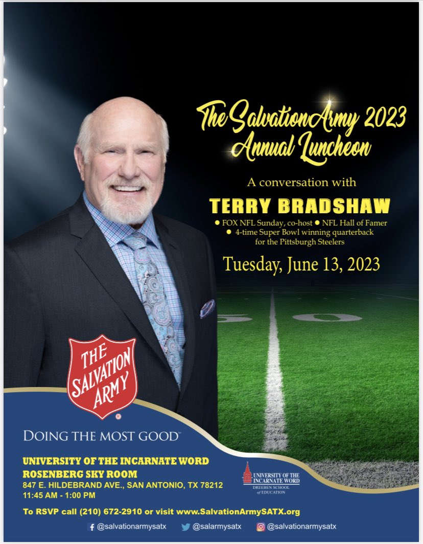 Come see TERRY BRADSHAW! 2023 @salarmysatx annual luncheon June 13. SalvationArmySATX.org