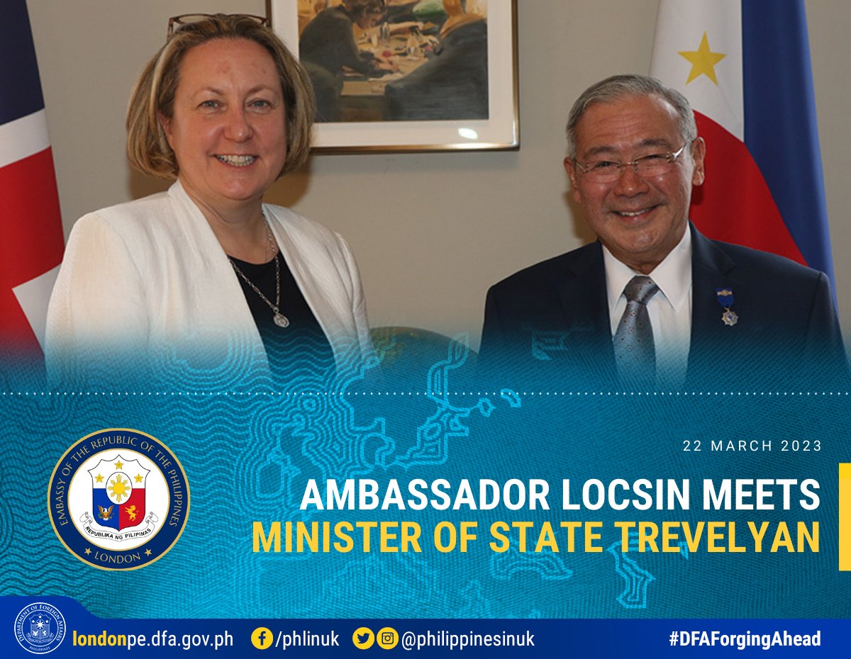philippinesinuk's tweet photo. Today Ambassador Locsin @teddyboylocsin paid an introductory call on Minister of State for the Indo Pacific Anne-Marie Trevelyan at the Foreign, Commonwealth and Development Office (FCDO). (1/3) https://t.co/MsZ9qtLfhi