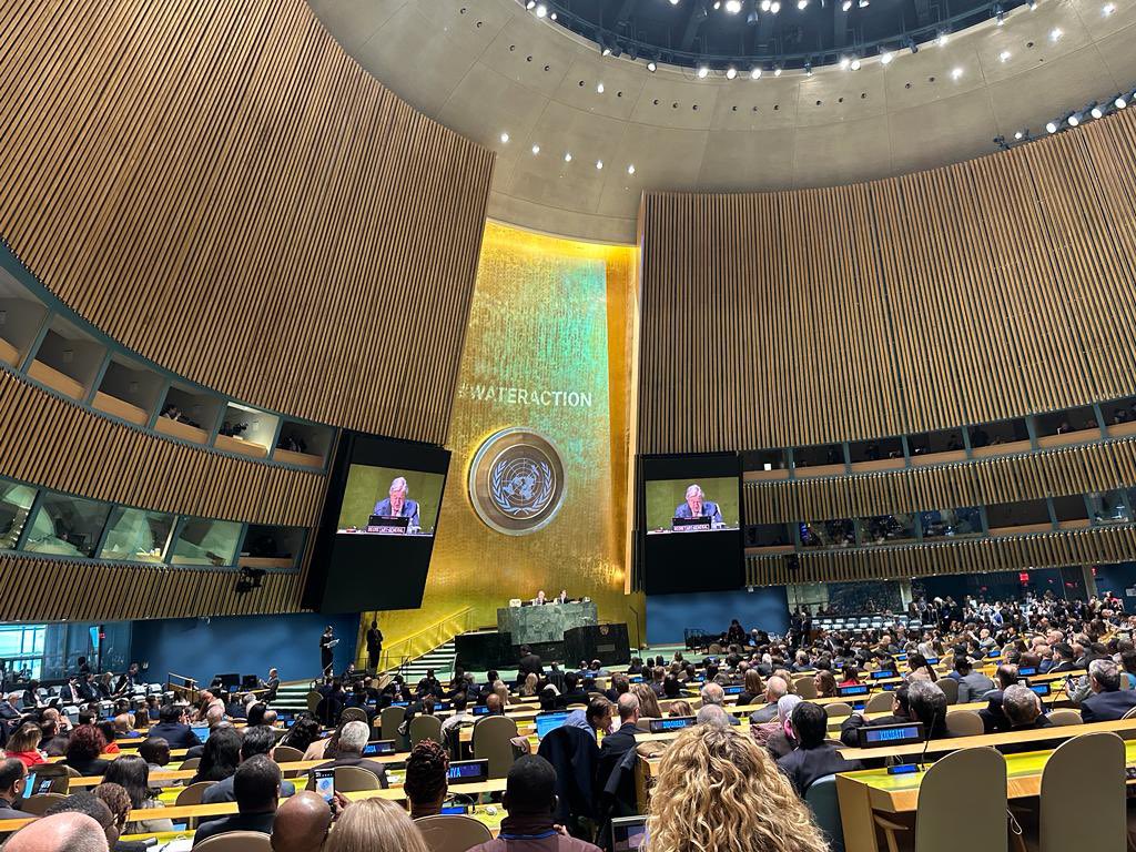 Monaco_ONU's tweet photo. @antonioguterres opens the @UN 2023 #waterconference, bringing the world together for #wateraction for the first time since 1977. 
A historical moment for water and sustainability. #waterdecade #SDG6 #WaterForAll https://t.co/9BtOSC27Bb