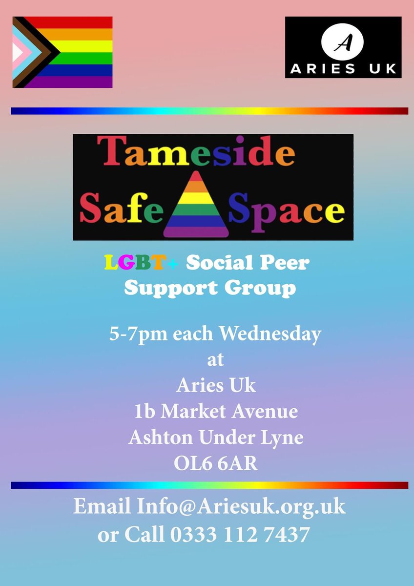 Join us tonight at Aries UK Tameside Safe Space from 5-7pm! Connect with the #LGBTQIA community, share your experiences, and enjoy some peer support. #Tameside #BeYourTrueSelf #PeerToPeer #AllTogetherBetter 🏳️‍🌈💜