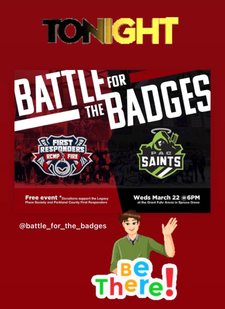 pacU18AA's tweet photo. 🚨 GAME DAY 🚨 

Charity Game 
Battle for the Badges!

⏰ 6:00 pm
🆚 First Responders 
📍 Grant Fuhr Arena 

#PAC #battleforthebadges https://t.co/fLEJ9m5noh