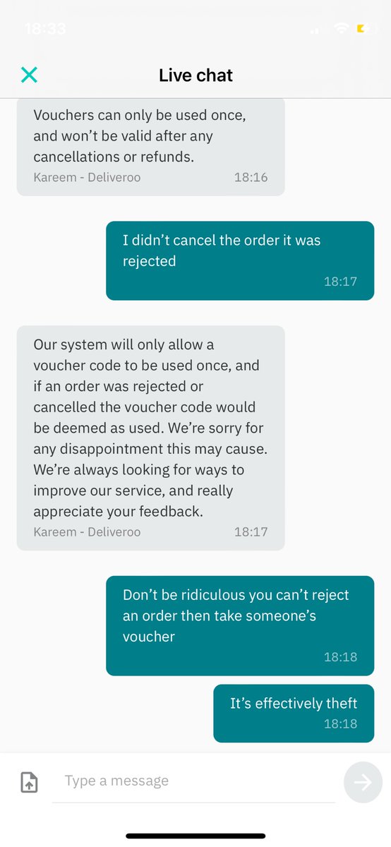 front_pocket's tweet photo. @Deliveroo @DeliverooHelp my order was rejected and I paid with a voucher. It’s 4 days later and still no sign of a refund. Your customer service team have been awful - even saying I’m not due a refund. No order and no credit returned is unacceptable. https://t.co/aUegNYx09O