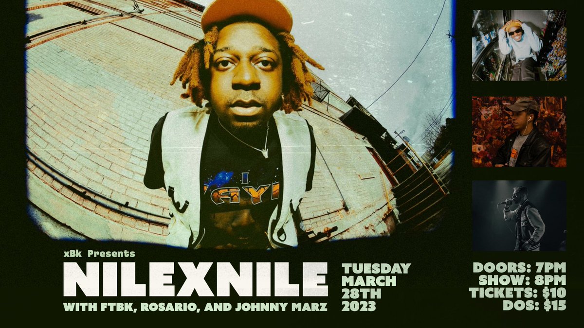 @nilexnilex is bringing the Nostalgia Tour with @fredtheblackkid , @RosarioSchmuck and @JohnnyMarz_ to xBk on Tuesday, March 28th 2023! Doors: 7pm | Show: 8pm | Tickets: $10 | DOS: $15 Don't miss out! Tickets are still available! 🎟 wl.seetickets.us/event/NilexNil…