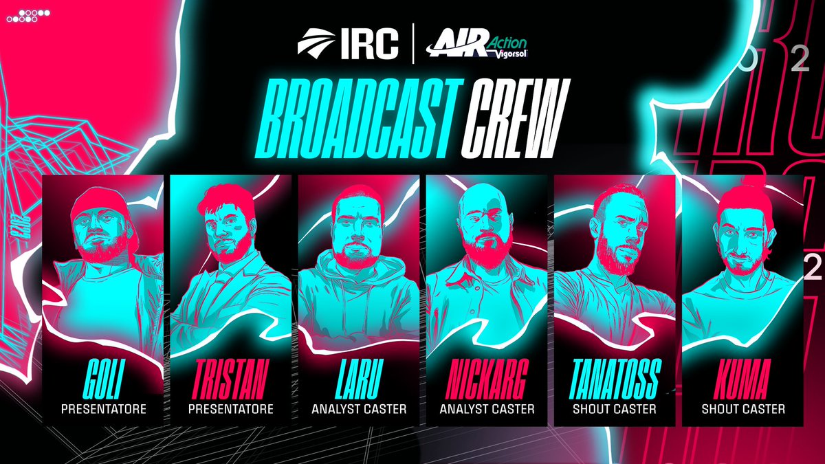 Vi presentiamo la broadcast crew più Rocket d'Italia 🚀
 
<a href="/marco_goli/">Marco Goli</a> e <a href="/IRC_MrTristan/">MrTristaN</a> - Presentatori 🎤
<a href="/IRC_Laru/">Laru</a> e <a href="/NickargRld/">Nickarg</a> - Analyst Casters 👨‍🏫
<a href="/Dr_Kuma_/">Lorenzo "Kuma" Castiglia</a> e <a href="/Tanatosshowtime/">TanatossShowtime</a> - Shout Casters 📢

#IRC #rocketleague #italianrocketchampionship #KeepItFresh <a href="/vigorsolitalia/">vigorsol italia</a>