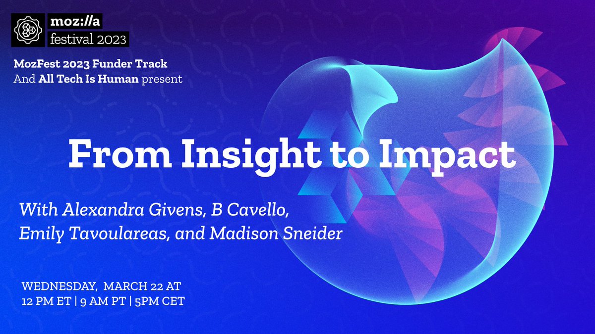 #MozFest today! At 12pm ET I'll be speaking about translating research into policy impact with 
@EmilyTav (@TechGeorgetown), @b_cavello (@AspenDigital) and @MadisonMSnider (@siegelendowment).  Join us! @mozillafestival schedule.mozillafestival.org/session/PKCLXJ…