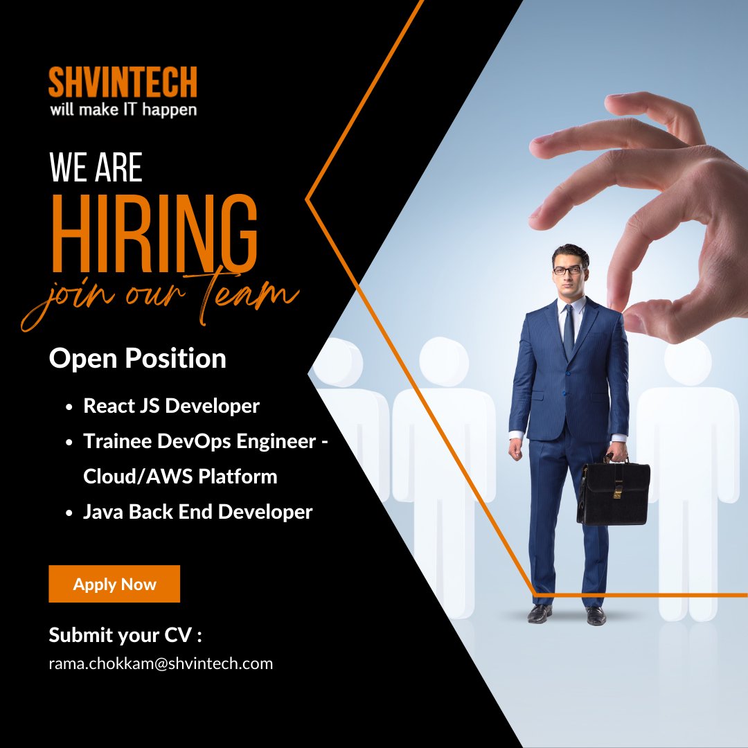 shvintech's tweet image. At Shvintech Inc, we're committed to growing our team and looking forward to doing that by bringing great people on board. We are currently looking for #ReactJSDeveloper, Trainee #devopsengineer - Cloud/AWS Platform, and #JavaBackEndDeveloper.