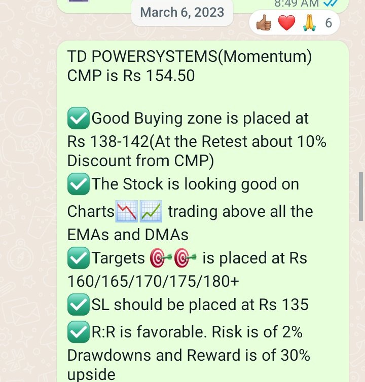 StocksTreasures's tweet image. TD POWERSYSTEMS was a 6th March 2023 set-up❤️❤️
Rs 138 to Rs 167+ it did💚💚
ROI:- 21%🔥🔥🔥

#TDPOWERSYSTEMS