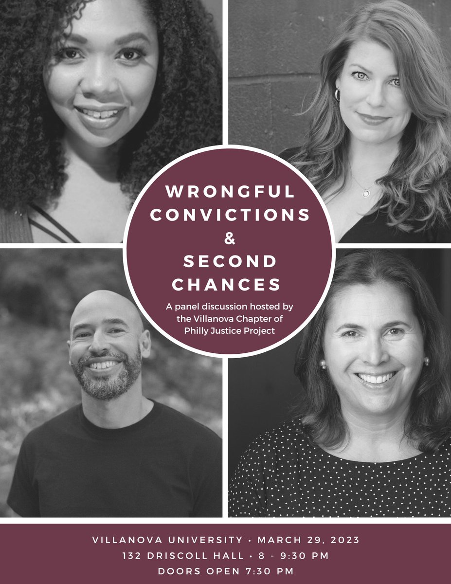Next week our undergrad chapter @villanovau is hosting an exciting panel discussion on #WrongfulConvictions & #SecondChances Panelists include @LeighGoodmark @5ShortsProject @JillMcCorkel & Right2Redemption & CADBI co-founder Felix Rosado. All are welcome. Doors open 7:30 pm.