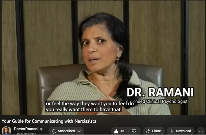 55,251 views  19 Mar 2023
SIGN UP FOR MY HEALING PROGRAM: https://doctor-ramani.teachable.com/p...

LISTEN TO MY NEW PODCAST "NAVIGATING NARCISSISM"
Apple Podcasts: https://podcasts.apple.com/us/podcast...
Spotify: https://open.spotify.com/show/2fUMDuT...
Stitcher: https://www.stitcher.com/podcast/how-...
iHeart Radio: https://www.iheart.com/podcast/1119-n...

DISCLAIMER: THIS INFORMATION IS FOR EDUCATIONAL PURPOSES ONLY AND IS NOT INTENDED TO BE A SUBSTITUTE FOR CLINICAL CARE. PLEASE CONSULT A HEALTH CARE PROVIDER FOR GUIDANCE SPECIFIC TO YOUR CASE. THIS VIDEO DISCUSSES NARCISSISM IN GENERAL. 

THE VIDEO DOES NOT REFER TO ANY SPECIFIC PERSON, AND SHOULD NOT BE USED TO REFER TO ANY SPECIFIC PERSON, AS HAVING NARCISSISM. PERMISSION IS NOT GRANTED TO LINK TO OR REPOST THIS VIDEO, ESPECIALLY TO SUPPORT AN ALLEGATION THAT THE MAKERS OF THIS VIDEO BELIEVE, OR SUPPORT A CLAIM, THAT A SPECIFIC PERSON IS A NARCISSIST. THAT WOULD BE AN UNAUTHORIZED MISUSE OF THE VIDEO AND THE INFORMATION FEATUR