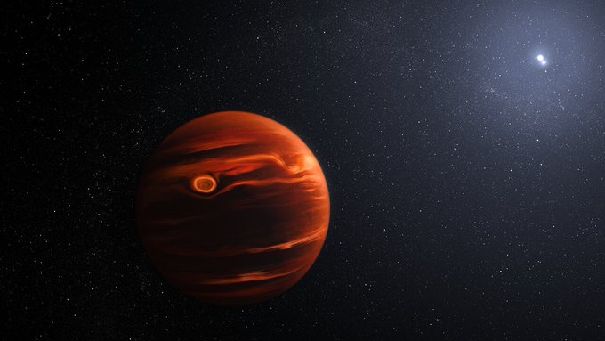  Illustration of a planet. The background is black, darkest at the left edge, with light streaming from a small pair of stars at right. The planet is at left in deep orange and contains several stripes. The brightest stripes lie in the top and bottom thirds. A small circular oval representing a large storm appears toward the top left. The right edge of the planet (the side facing the star) is lit, while the rest is largely in shadow.