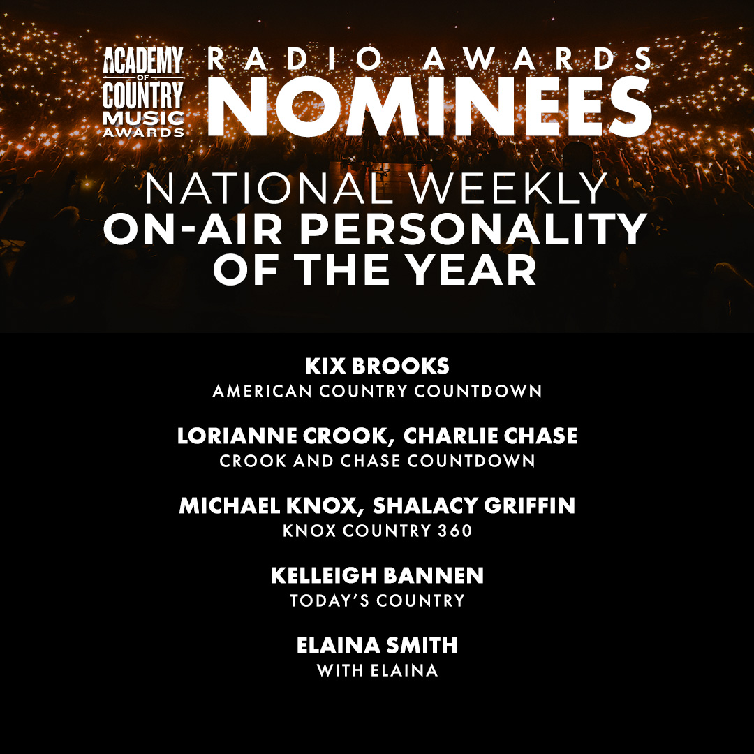 ACMawards's tweet photo. You know these personalities as the highlight of your week 🤩 The 58th #ACMawards National Weekly On-Air Personality of the Year nominees are:
@KixBrooks 
@crookandchase
@KnoxCountry360's Michael Knox, Shalacy Griffin
@kelleighbannen
@elainadsmith https://t.co/44sZHWyEv7