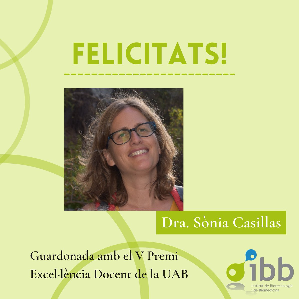 La Sònia Casillas, investigadora de l'IBB i professora agregada al Departament de Genètica i de Microbiologia de @Biociencies_UAB, ha rebut el V Premi Excel·lència Docent de la UAB. 

👏 Enhorabona!!

Més info aquí: ibb.uab.cat/index.php/2023…

#premisIBB
@scasillasv 
@UABBarcelona