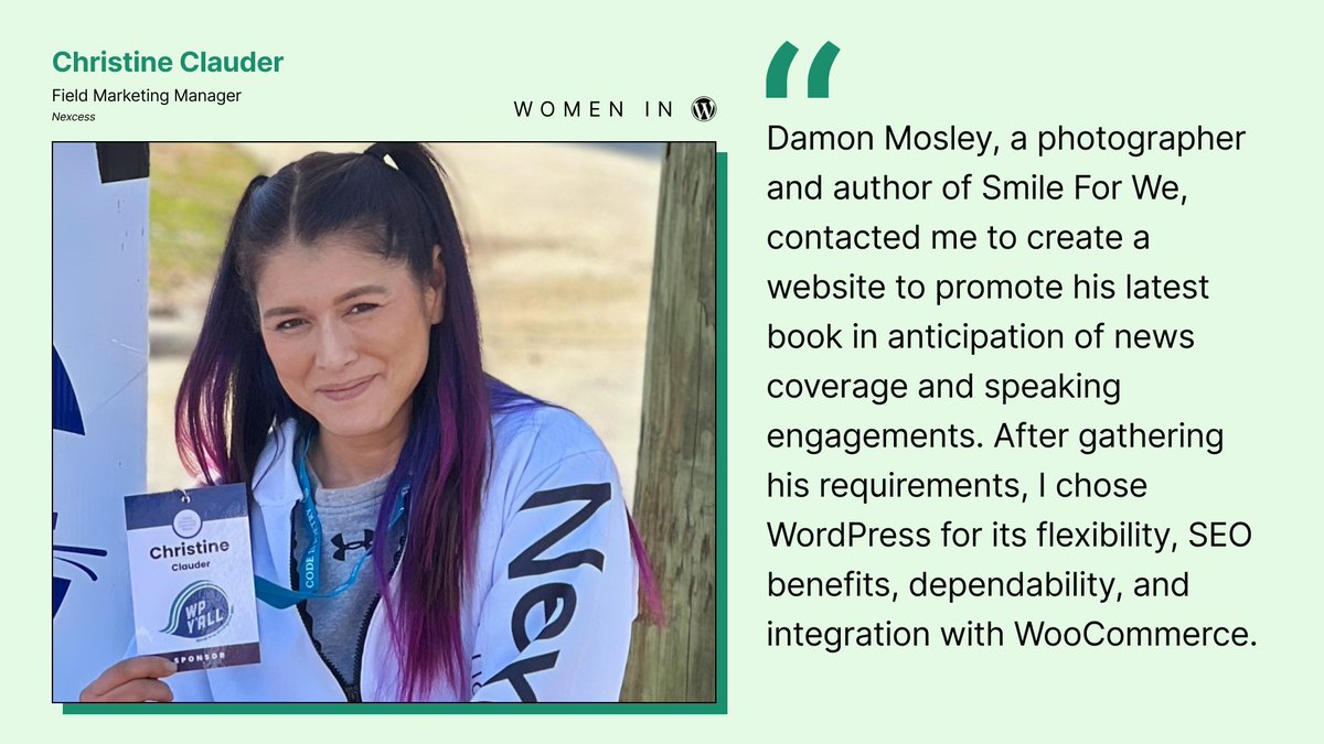 nexcess's tweet photo. Instead of promoting one of her #WordPress sites for our #WomenInWordPress series, @NexStine wanted to showcase her client's website instead. π
Learn more about Damon Mosley and #SmileForWe. https://t.co/UXAzksUp06
#WomensMonth #WomenInTech https://t.co/3PhXh2AKS6