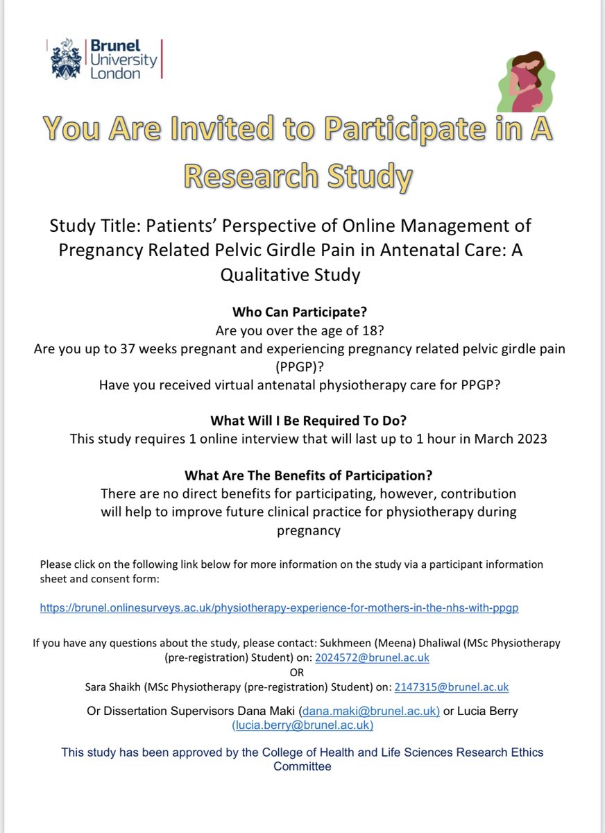 Physiotherapy research dissertation project at Brunel University London.

Please click on the following link to learn more about the study and sign up for participation:

brunel.onlinesurveys.ac.uk/physiotherapy-…