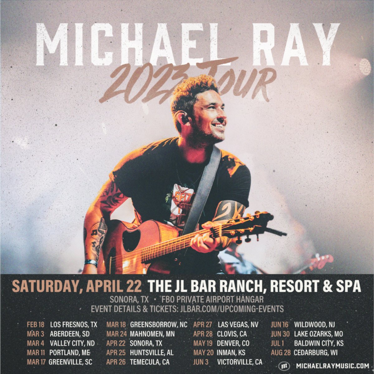 JLBarRanch's tweet photo. Michael Ray charges us to make a shift towards BEING PRESENT. It is time to unplug from the demands of life &amp; make memories that fill your cup. Join us on April 22nd, a month from today, as he takes the stage to deliver a performance of unrivaled energy. https://t.co/nkvfyqhNcZ https://t.co/zrGt4RGEsU