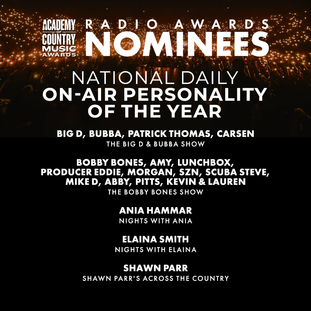 ACMawards's tweet photo. Rain or shine, cheers to the ones who are always there ☀️🌧 The 58th #ACMawards National Daily On-Air Personality of the Year nominees are:
@RadioBigD, @BubbaRadio
@mrBobbyBones, @RadioAmy, @RadioLunchbox
@ANIAHAMMAR 
@elainadsmith 
@DJ_Shawn_Parr https://t.co/9sO4htJ3P5