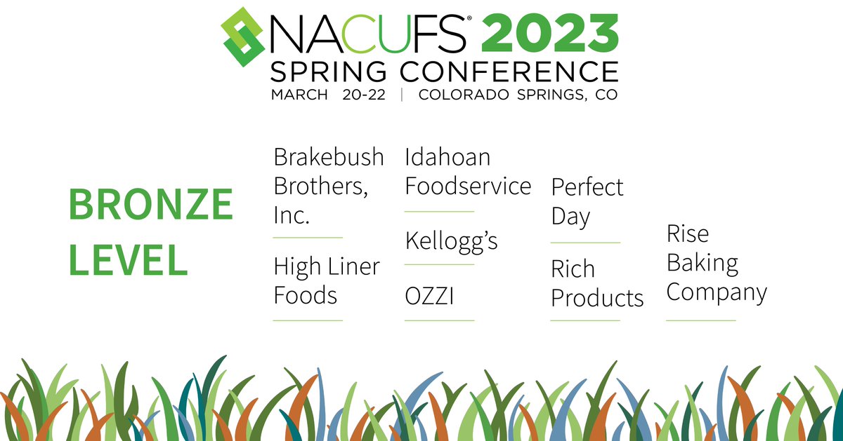 NACUFS's tweet photo. Thank you to our bronze level sponsors for the NACUFS 2023 Spring Conference in Colorado Springs!
@BrakebushChx, High Liner Foods, Idahoan Foodservice, @KelloggCompany @PlanetOZZI @PerfectDayFoods @RichProducts, Rise Baking Company #SpringforwardwithNACUFS https://t.co/rm50I8eYRM