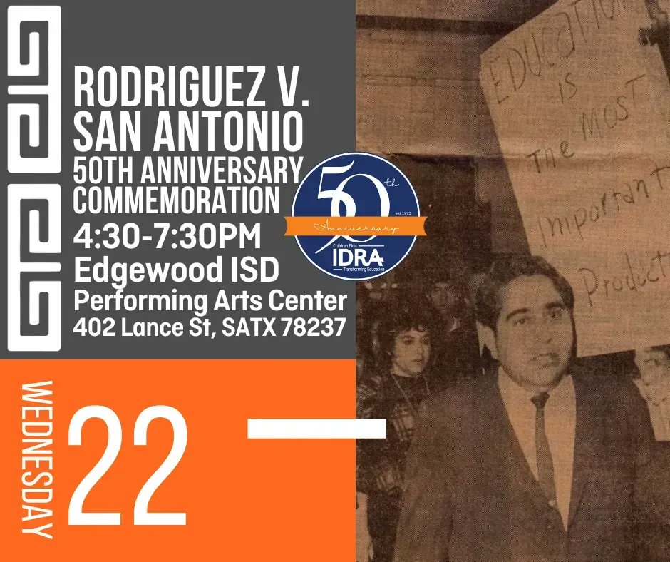 Our friends at IDRA are commemorating the 50th anniversary of Rodriguez v. San Antonio, the courtcase that led to their creation, with a symposium today at the Edgewood ISD Performing Arts Center. The panels will also live stream! See more 👉🏽 buff.ly/3JJw2h0