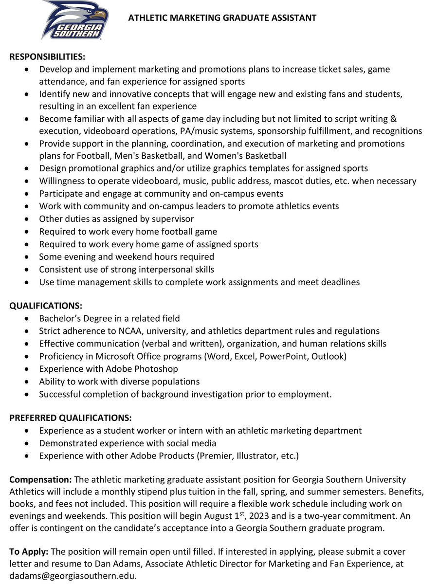 𝓖𝓻𝓪𝓭𝓾𝓪𝓽𝓮 𝓐𝓼𝓼𝓲𝓼𝓽𝓪𝓷𝓽 𝓟𝓸𝓼𝓲𝓽𝓲𝓸𝓷

We are looking for the next superstar to come and join our marketing department!

Job description, requirements, and expectations are below!

#HailSouthern 🦅