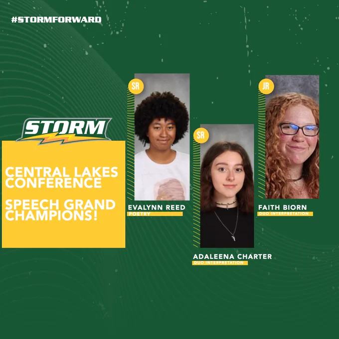 Congrats to Evalynn, Adaleena, and Faith on earning CLC Speech Grand Championships! #StormForward