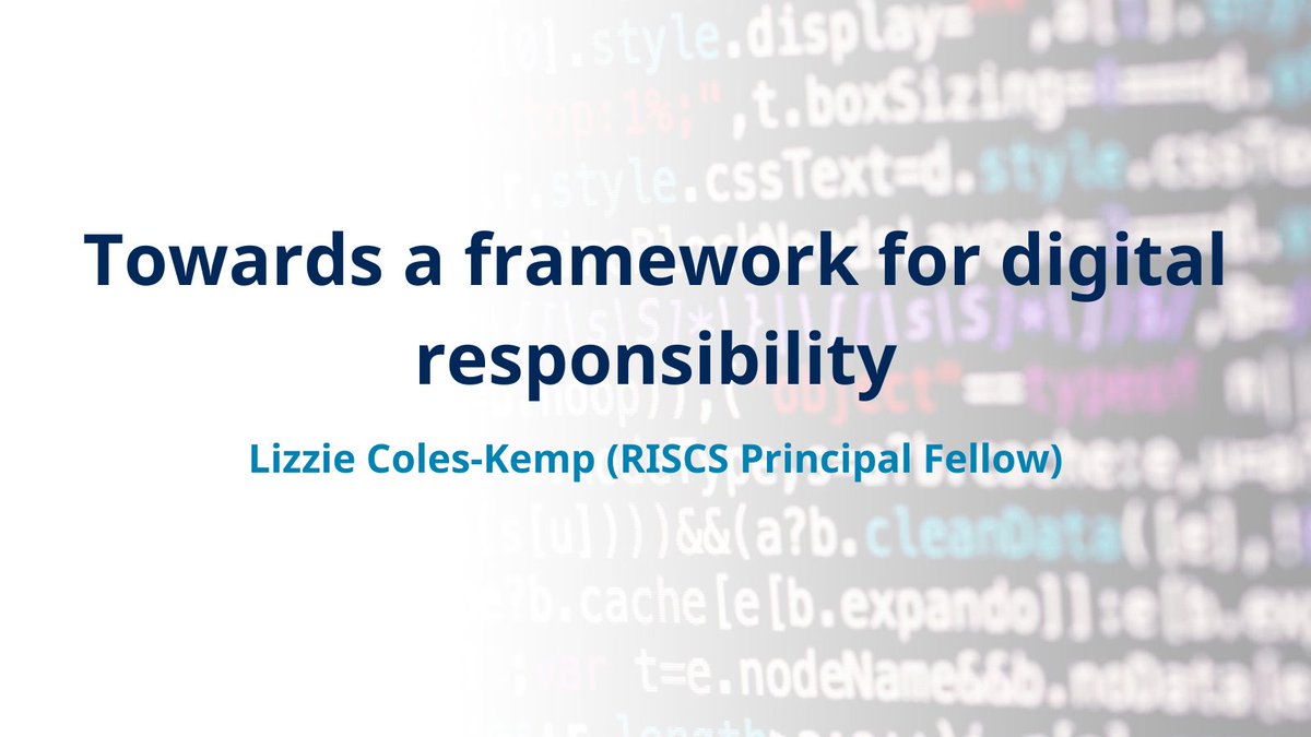 RISCS_UK's tweet photo. RISCS Principal Fellow Prof. Lizzie Coles-Kemp (@RoyalHolloway) delivers an intro to #digitalresponsibility and steps towards a framework. She addresses the debate around responsibility re online harms, and how digital responsibility relates to security. #RISCSconf https://t.co/h2vBqvAbsi