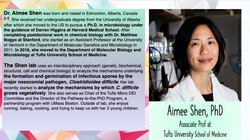 Today we celebrate Dr. Aimee Shen, an associate professor <a href="/TuftsGSBS/">TuftsGSBS</a>! Her lab studies C. diff w/many approaches to understand sporulation, cell division, &amp; growth of this pernicious bug! Dr. Shen is also Chair of the DEI Committee + P2P outreach program! #WomenInSTEM
