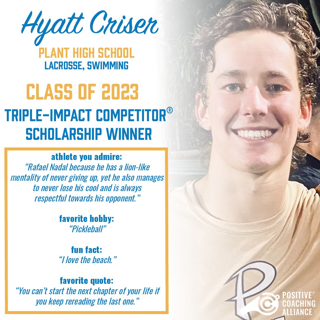 Positive Coaching Alliance - Tampa Bay (@pca_tampabay) on Twitter photo We are awarding <a href="/HyattC17/">Hyatt Criser</a> from <a href="/PlantHighSchool/">PlantHighSchool</a> in <a href="/HCPSAthletics/">HCPS Athletics</a> with one of just 23 local PCA scholarships. Hyatt has learned the value of great teammates and we've learned that he's one of the greatest! <a href="/PlantLacrosse/">Plant Boys Varsity Lacrosse</a> <a href="/plantswimdive/">Plant Swim Team</a> <a href="/HBPlantAthletic/">Panther Athletics</a> <a href="/HillsboroughSch/">Hillsborough Schools</a> We are awarding <a href="/HyattC17/">Hyatt Criser</a> from <a href="/PlantHighSchool/">PlantHighSchool</a> in <a href="/HCPSAthletics/">HCPS Athletics</a> with one of just 23 local PCA scholarships. Hyatt has learned the value of great teammates and we've learned that he's one of the greatest! <a href="/PlantLacrosse/">Plant Boys Varsity Lacrosse</a> <a href="/plantswimdive/">Plant Swim Team</a> <a href="/HBPlantAthletic/">Panther Athletics</a> <a href="/HillsboroughSch/">Hillsborough Schools</a>