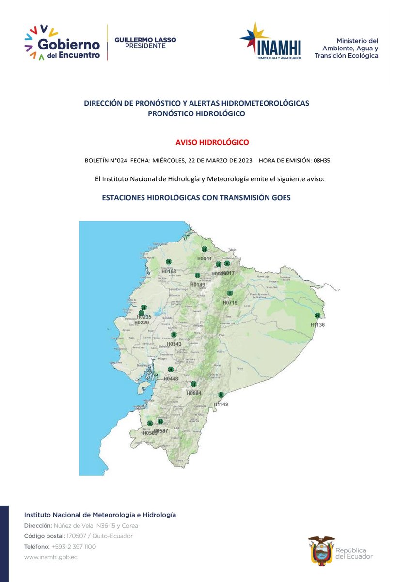 pixel_onlines's tweet photo. 🟠ADVERTENCIA
AMENAZA:
*Aviso Hidrológico*
SITUACIÓN: Mediante monitoreo de las diferentes estaciones hidrológicas se emite el siguiente aviso:
*REGIÓN COSTA*
Provincia de Manabí 

Cantón: Chone:
(H0235, estación Chone en Chone) Río Chone, umbral de alarma, niveles subiendo, posibles poblaciones afectadas, Chone, San Antonio y asentamientos ubicados en sus orillas

Cantón: Bolívar: 
(H0229, estación Carrizal en Calceta) Río Carrizal, umbral de alarma, niveles subiendo, posibles poblaciones afectadas, Carrizal, Estancita, Tosagua, Bachillero, y asentamientos ubicados en sus orillas.
La Secretaria de Gestión de Riesgos (SGR) evaluará las condiciones para emitir las acciones correspondientes.
Mantenerse atentos a los boletines que mediante nuestro portal web y redes sociales emitimos permanentemente.
FUENTE: INAMHI