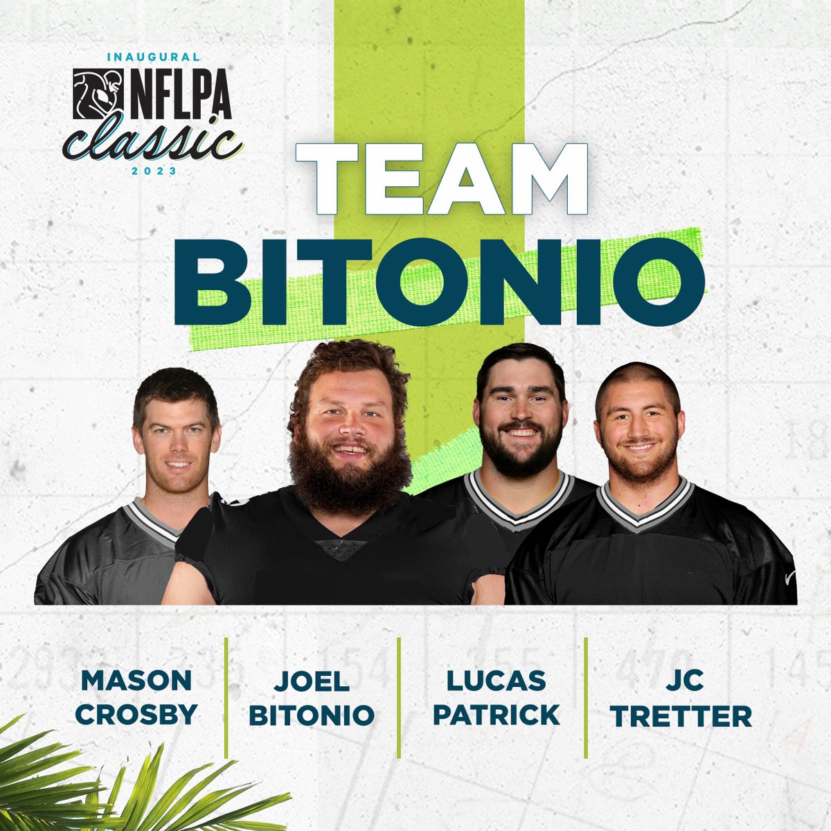 Time to meet the teams for the #NFLPAClassic ⛳️ TEAM BITONIO: @JoelBitonio @lucaspatrick62 @JCTretter @crosbykicks2