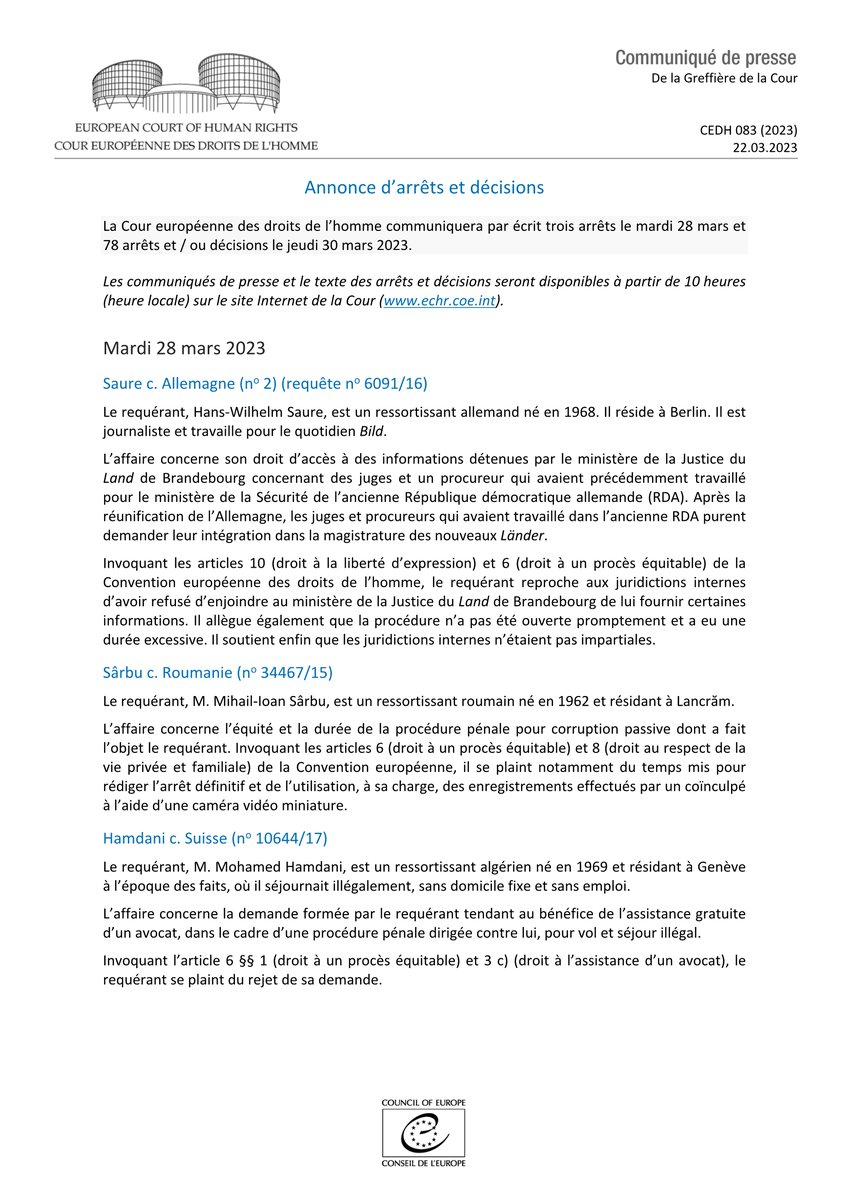 Annonce d’arrêts et décisions 28-30.03.2023 hudoc.echr.coe.int/app/conversion… #ECHR #CEDH #ECHRpress