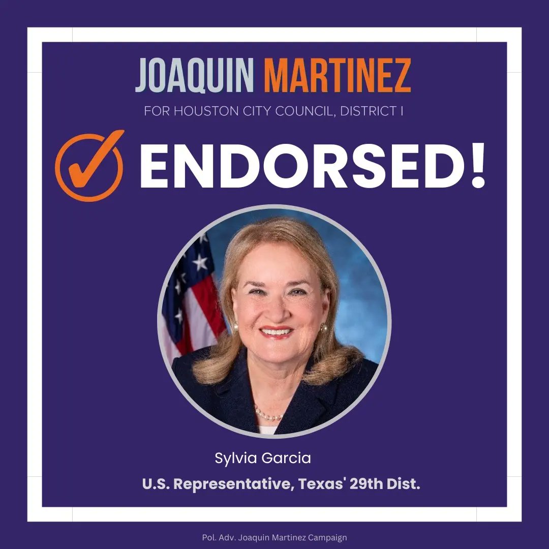 JMartinez4Hou's tweet photo. "There is no one who knows District I better than Joaquin." - @RepSylviaGarcia

It humbles me to receive such an endorsement. Rep. Garcia fights endlessly for our communities. She’ll be a great ally in supporting working families &amp; committing to all within District I &amp; Houston. https://t.co/rZxIZnTJ32