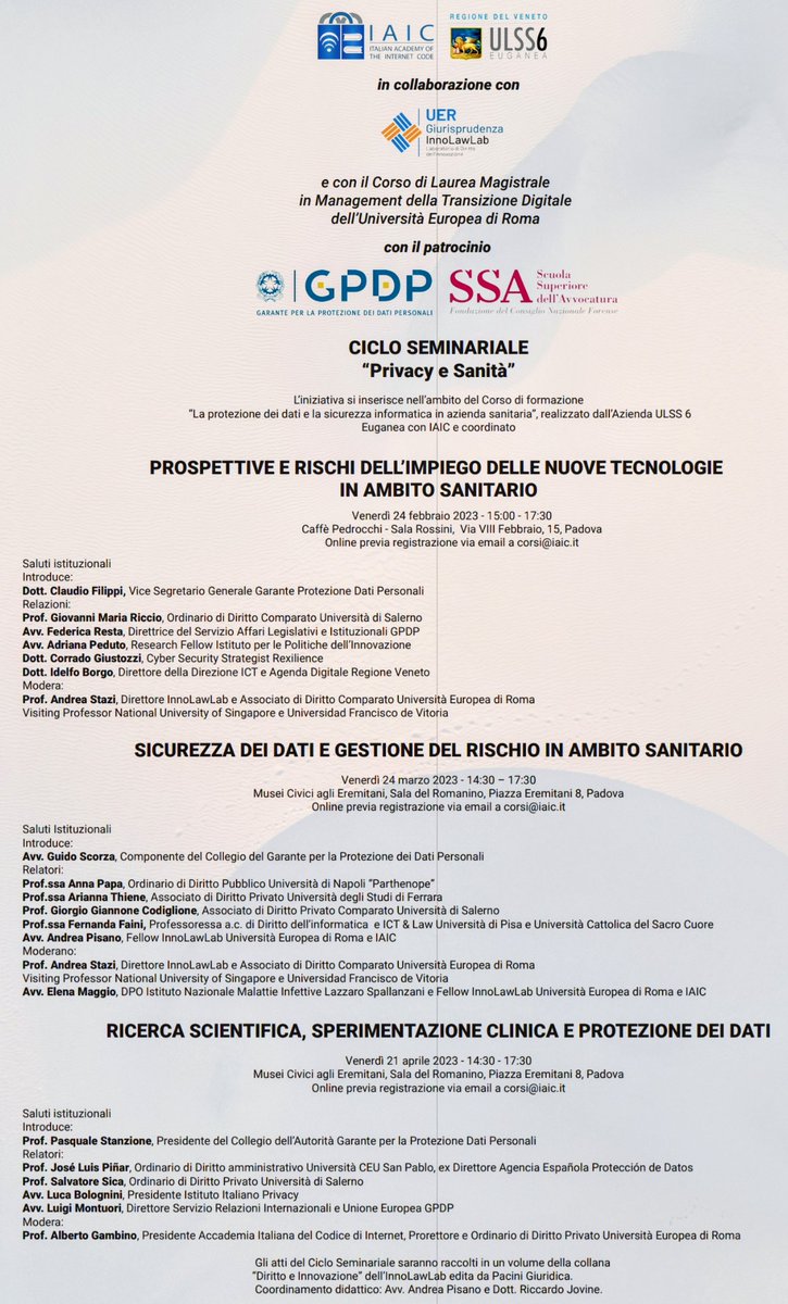 #cosedagarante | Venerdì 24 marzo interverrò al Ciclo seminariale “Privacy e sanità” sul tema “Sicurezza dei dati e gestione del rischio in ambito sanitario”, realizzato dall'<a href="/Ulss_Euganea/">Ulss 6 Euganea</a> e #IAIC. Per info guidoscorza.it/24-marzo-semin…
<a href="/fernandafaini/">Fernanda Faini</a> <a href="/staziand/">Andrea Stazi</a> <a href="/innolawlab/">InnoLawLab</a>
